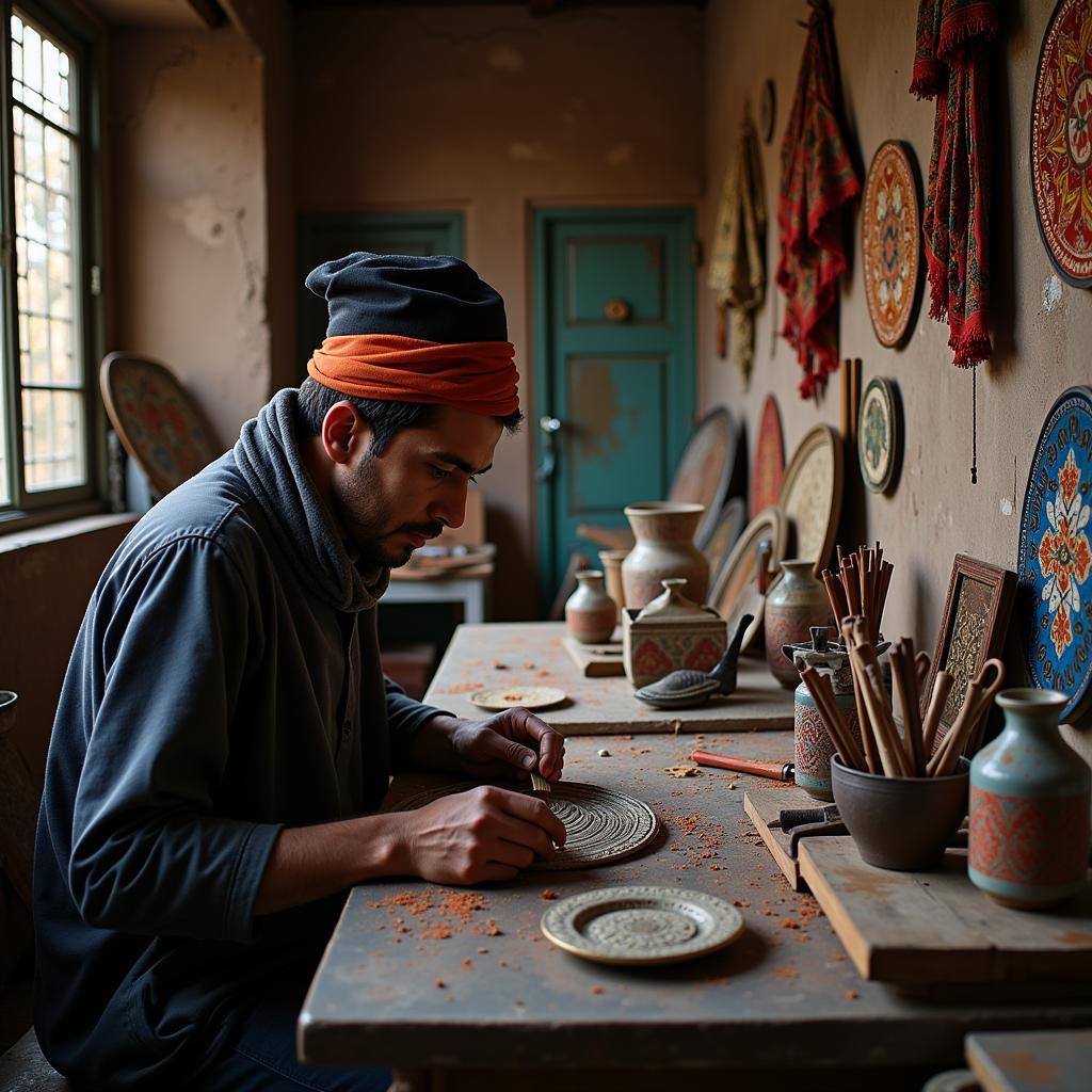 Kashmiri Artisan Creating Wall Art in Traditional Workshop