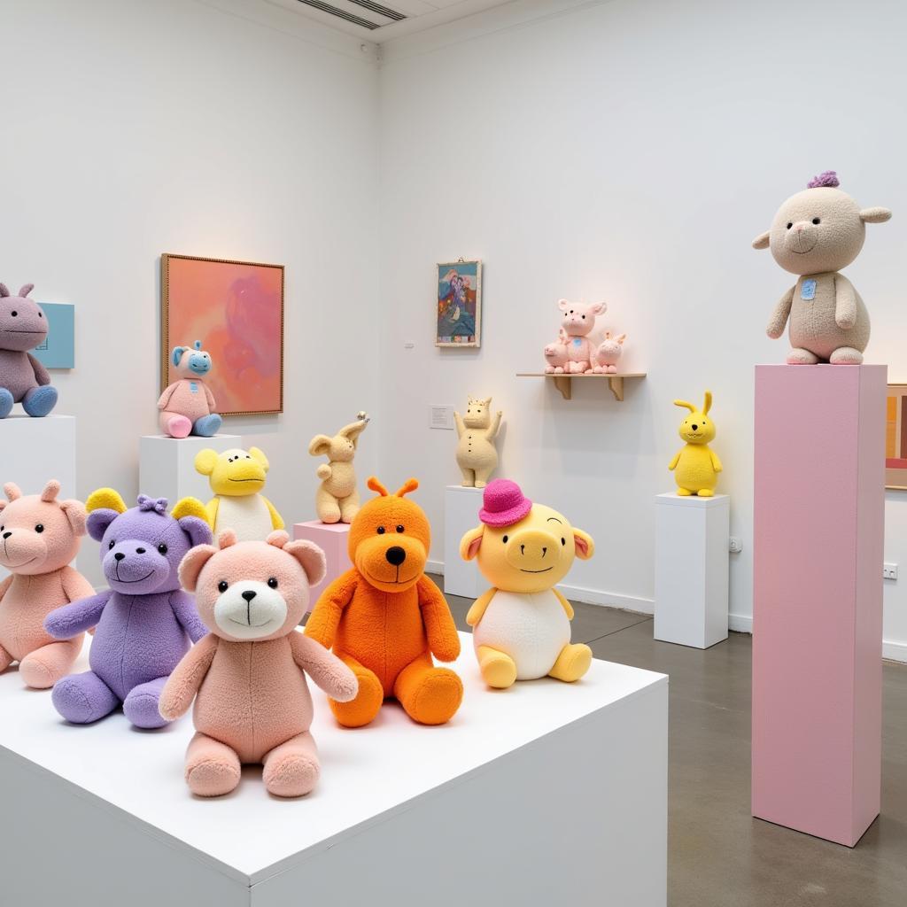 Plushies and sculptures at a kawaii art exhibit