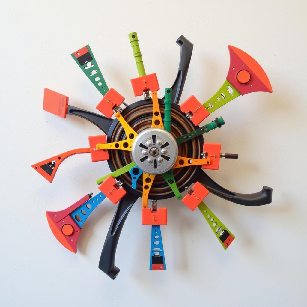 Kinetic Art Wall Sculpture: A dynamic wall-mounted sculpture with rotating elements and vibrant colors.