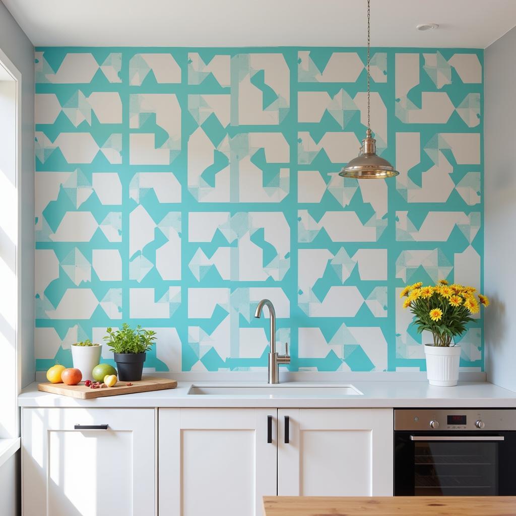 Geometric kitchen wall art stencils add a modern and dynamic touch.