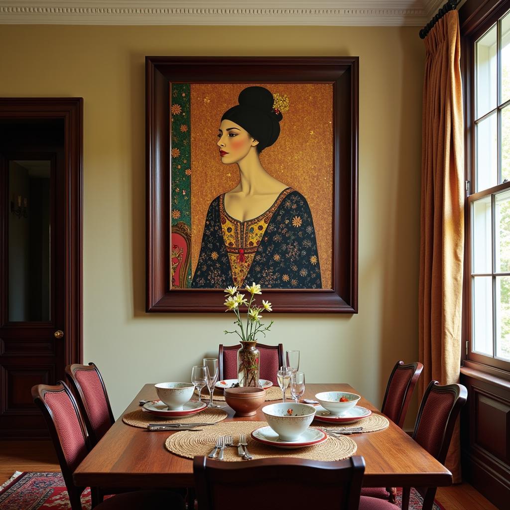 Klimt's Portrait of Adele Bloch-Bauer I displayed in a dining room, creating a sophisticated and artistic ambiance.