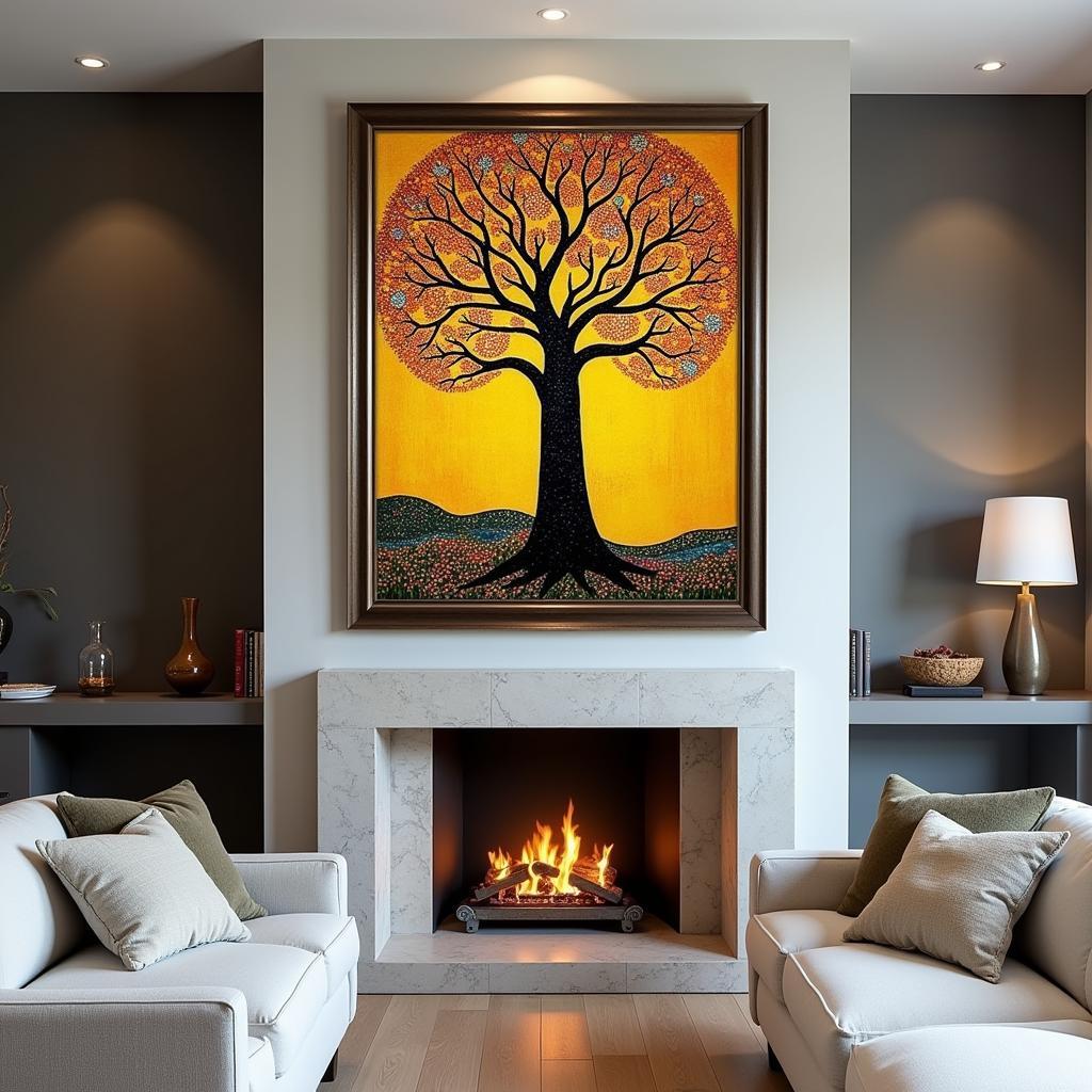 Klimt's The Tree of Life displayed above a fireplace in a modern living room, adding a touch of elegance and artistry to the space.