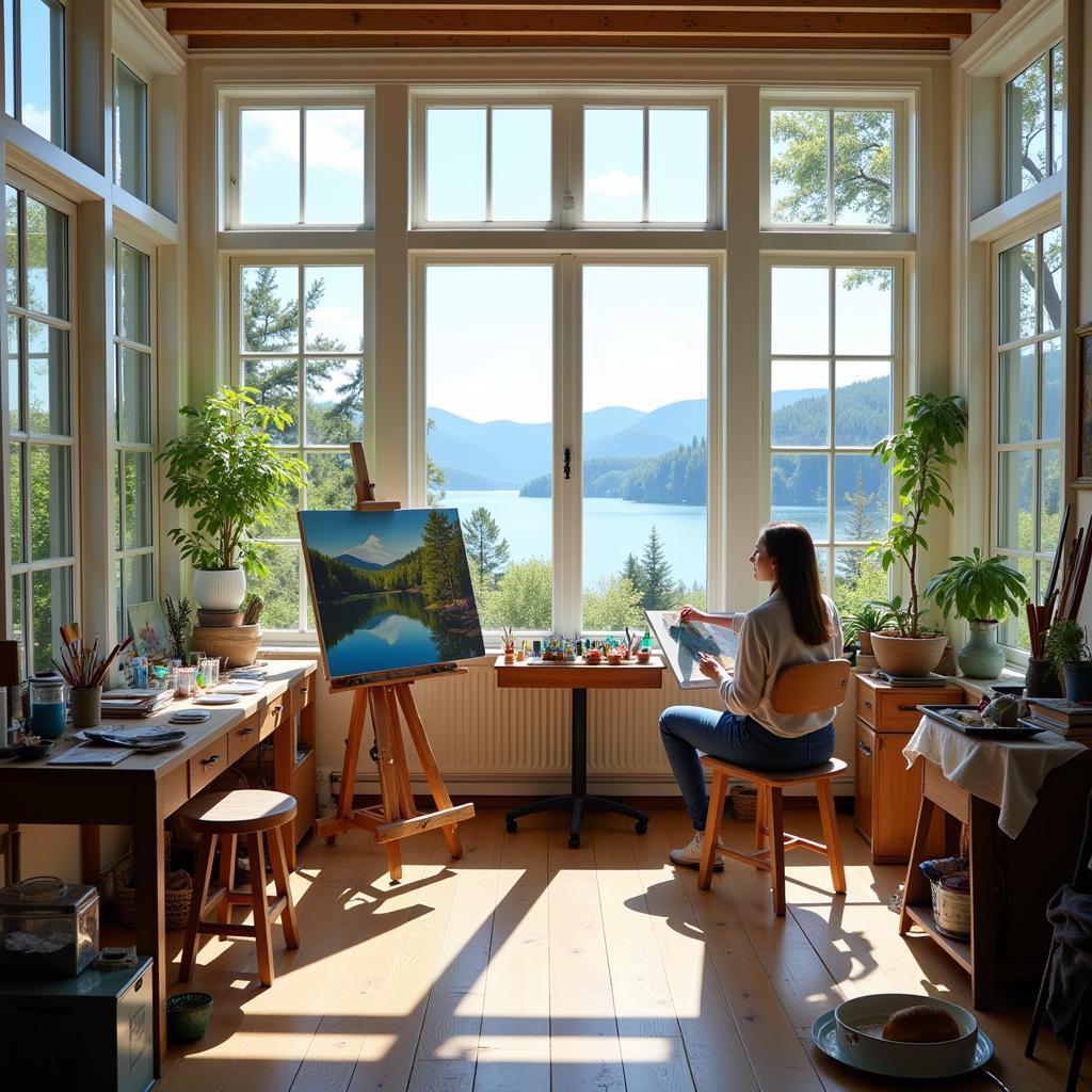 Painting a landscape in a lakeside art studio