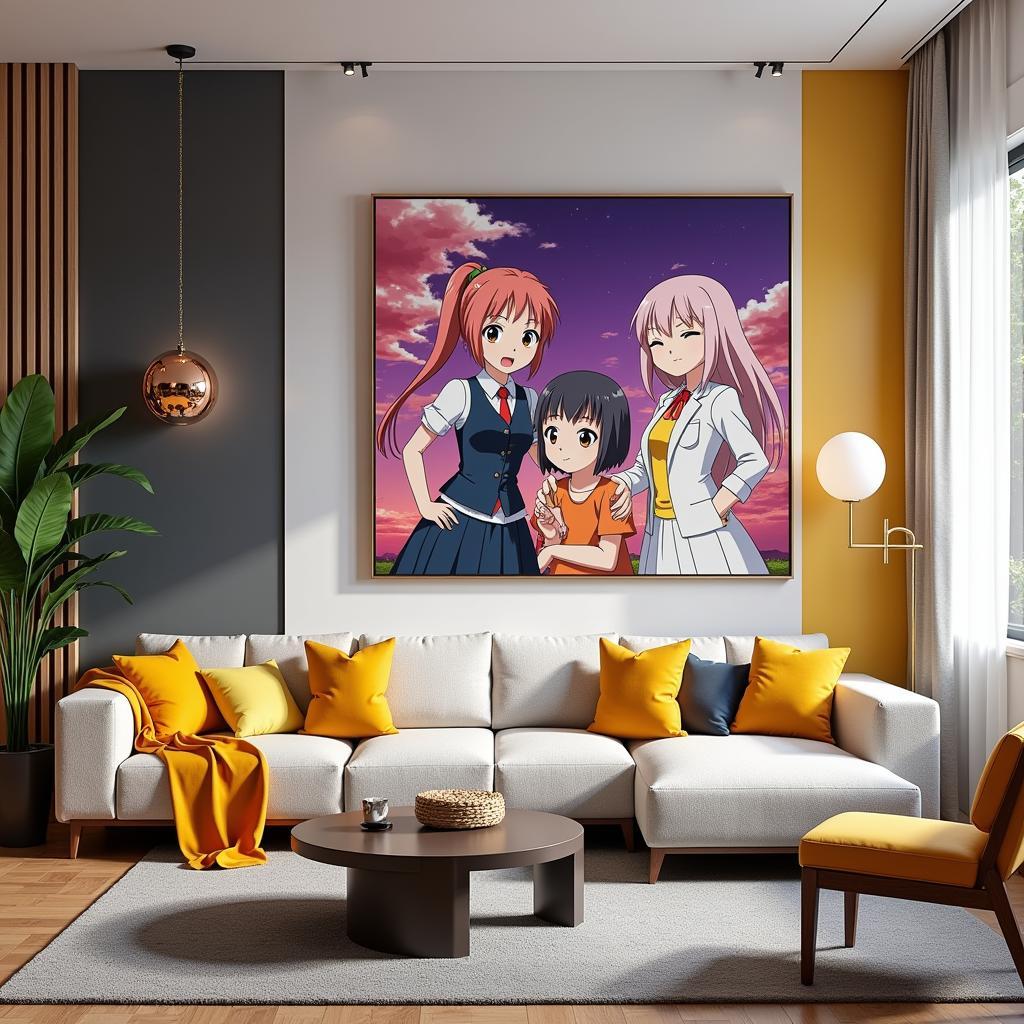 Large anime wall art decorating a living room.