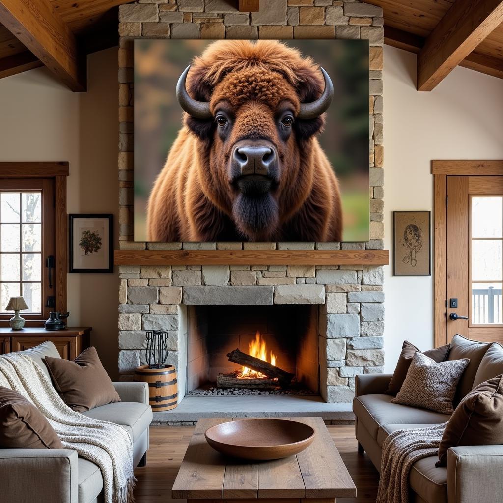 Large Bison Wall Art in a Rustic Farmhouse Setting