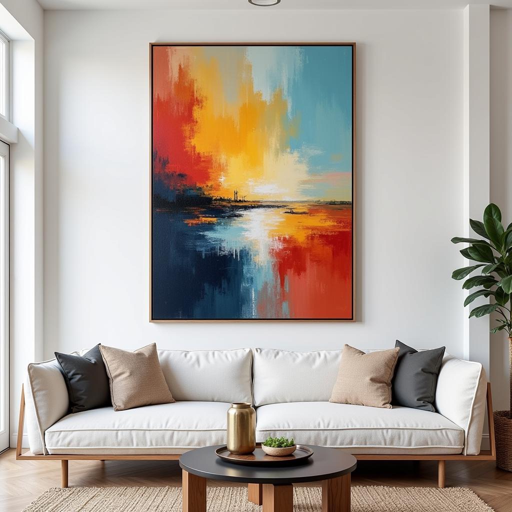 Large modern abstract art on canvas, vibrant colors and dynamic composition, hanging in a minimalist living room.