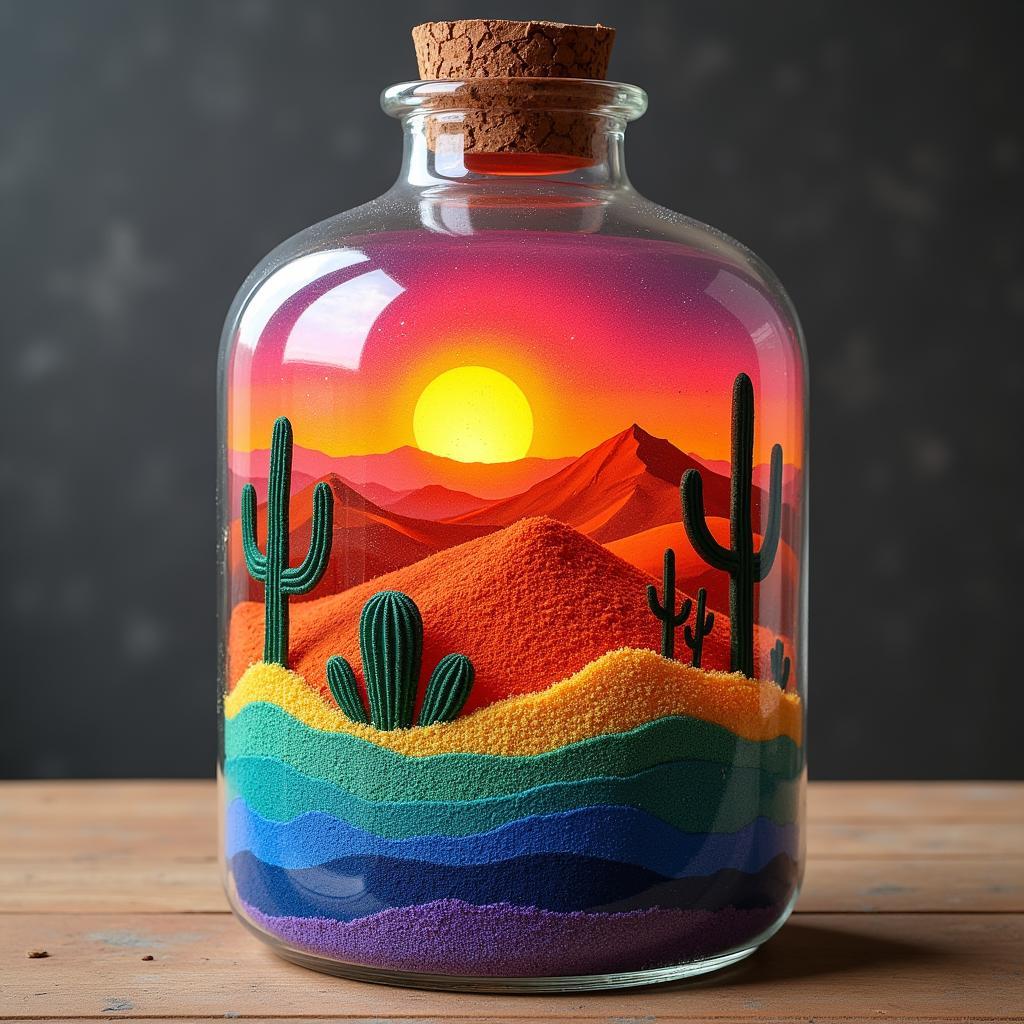 Large Sand Art Bottle Depicting a Desert Landscape