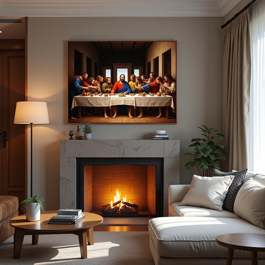 The Last Supper depicted on a large canvas, rich in detail and color, hanging above a fireplace in a modern living room.