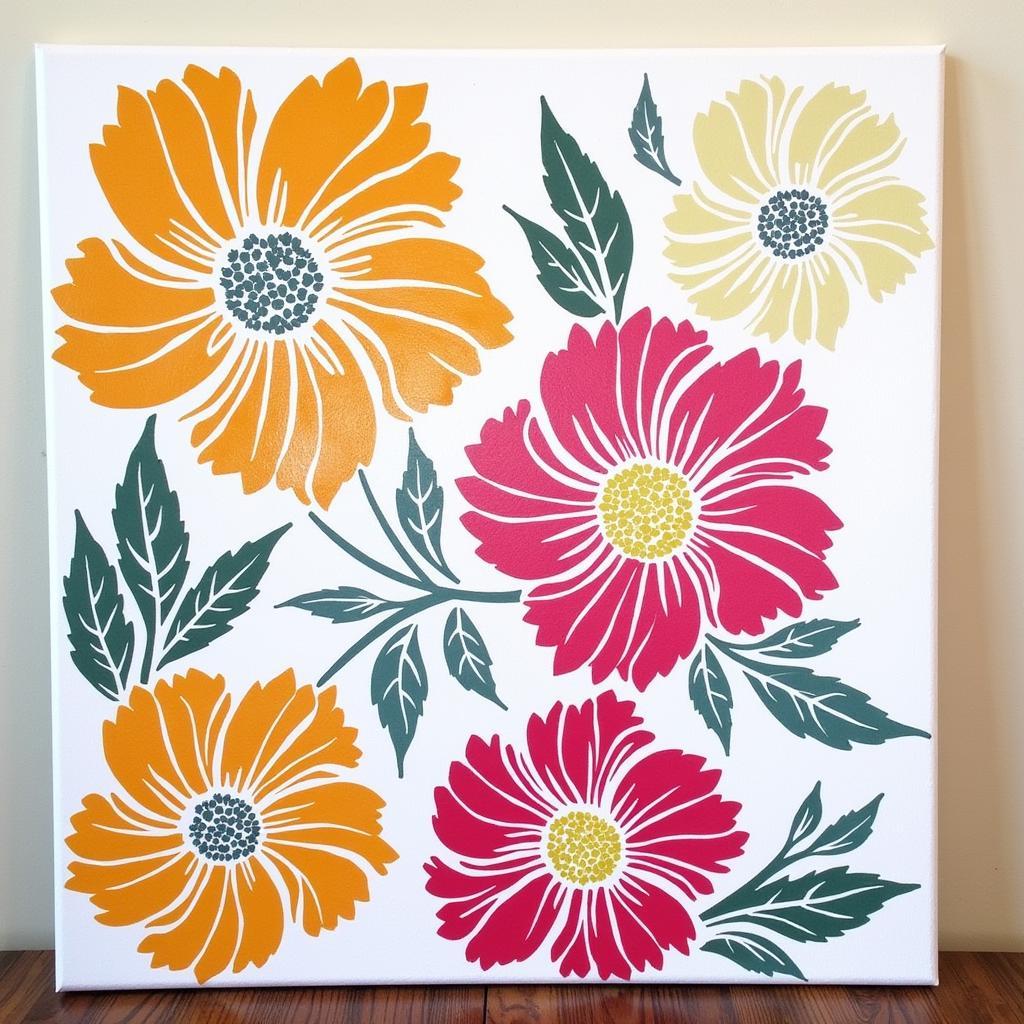 Layered floral stencil art on canvas: A vibrant canvas showcasing a layered floral stencil design, demonstrating the use of contrasting colors and shading techniques to create depth and dimension.