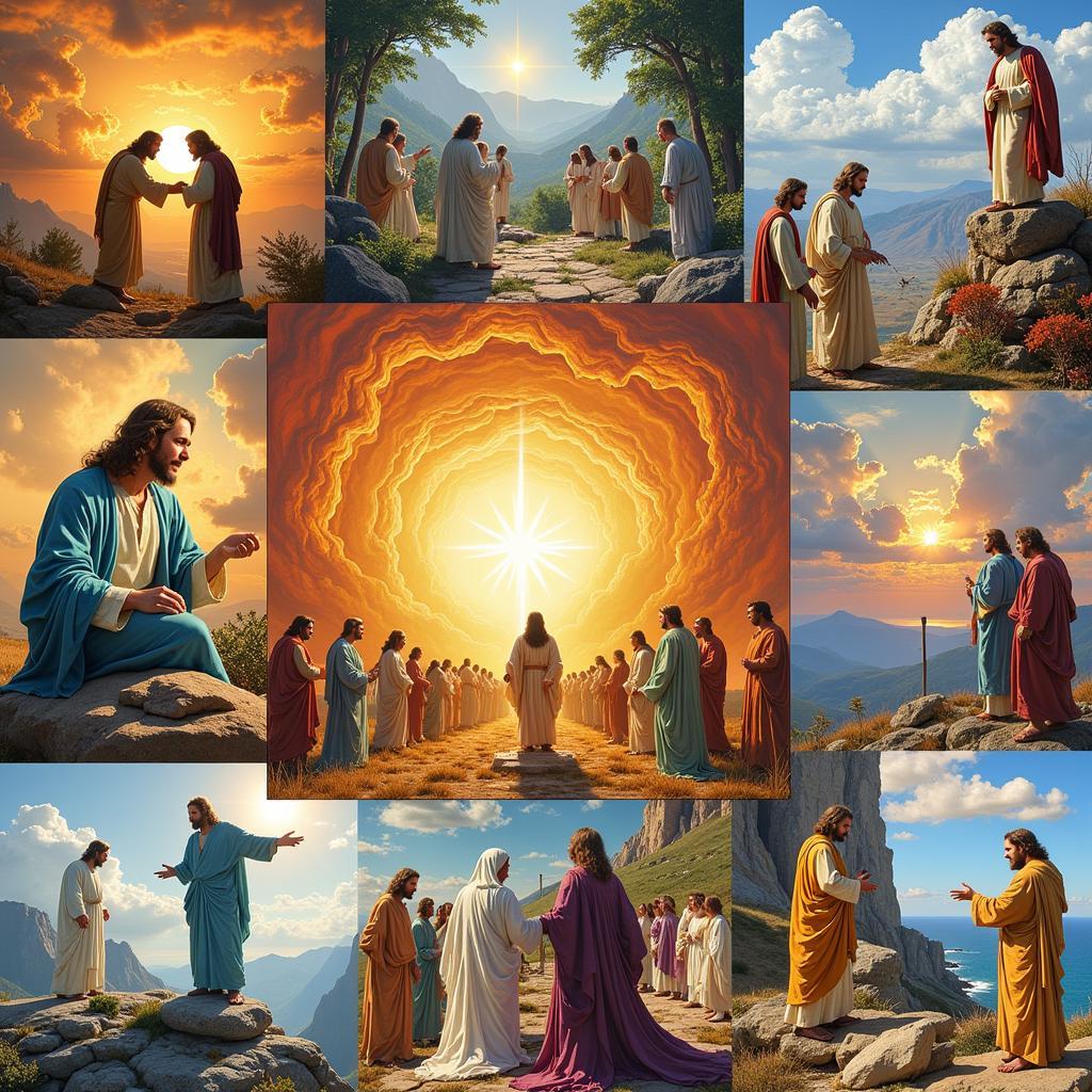 LDS Resurrection Art Online Gallery: A collage showcasing diverse styles of "He Is Risen" art found online, including digital paintings, sculptures, and mixed media.