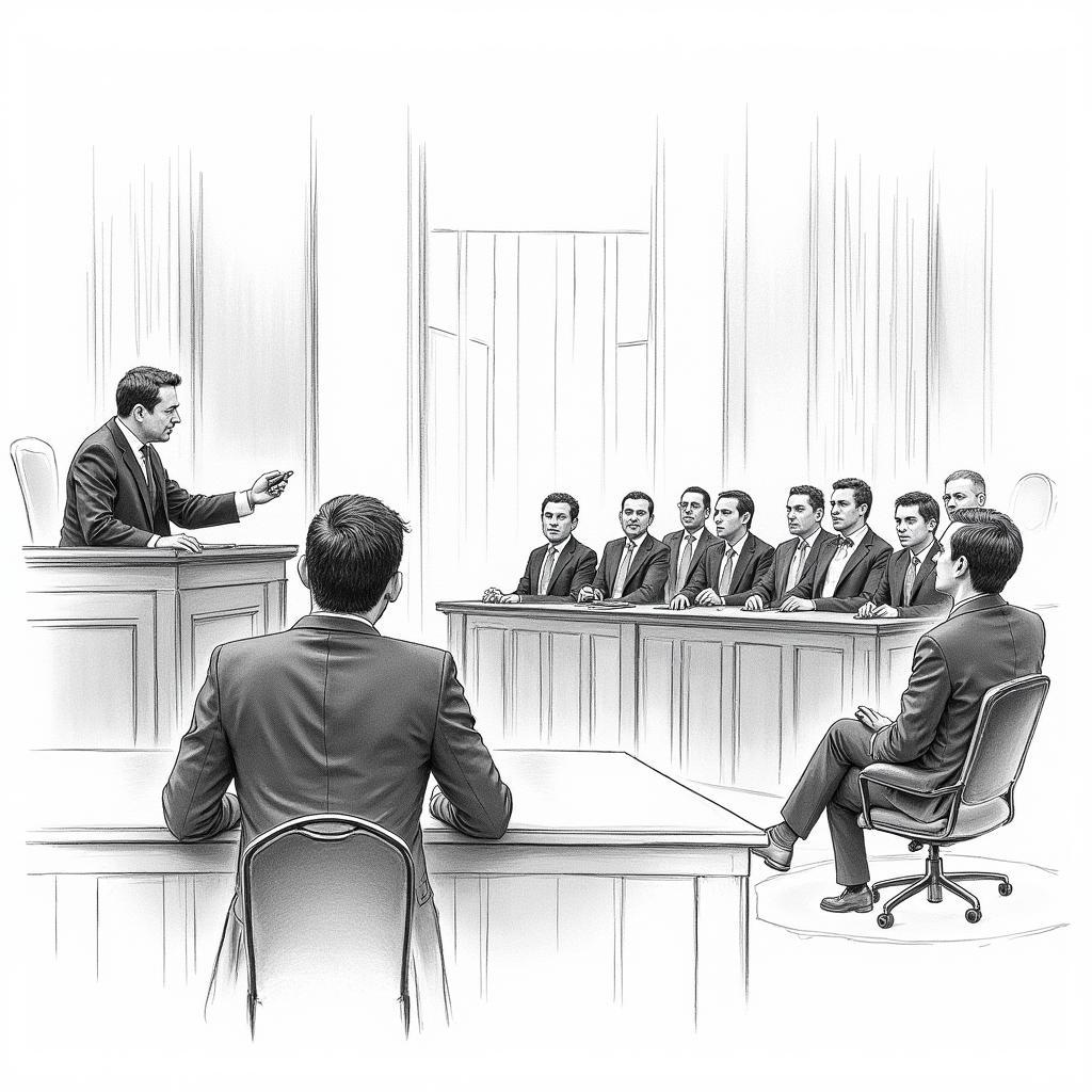 Courtroom sketch legal wall art depicting a trial scene with judge, jury, and lawyers