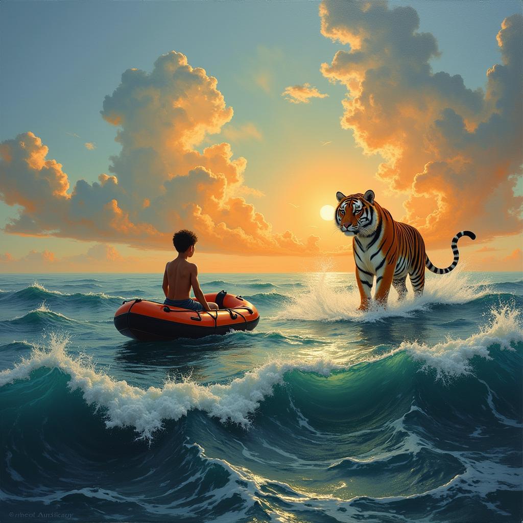 A vibrant painting depicting Pi adrift on the ocean, with the vastness of the sky and sea emphasizing his isolation and the looming presence of Richard Parker.