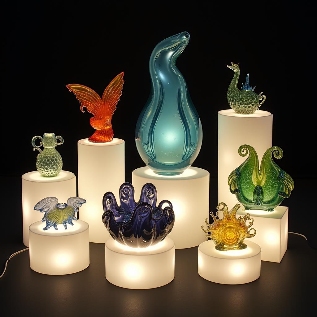 Lighted bases showcasing various glass art pieces