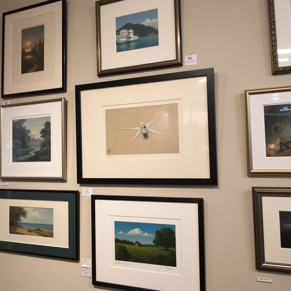 A collection of limited edition signed art prints displayed on a gallery wall, showcasing various styles and techniques.