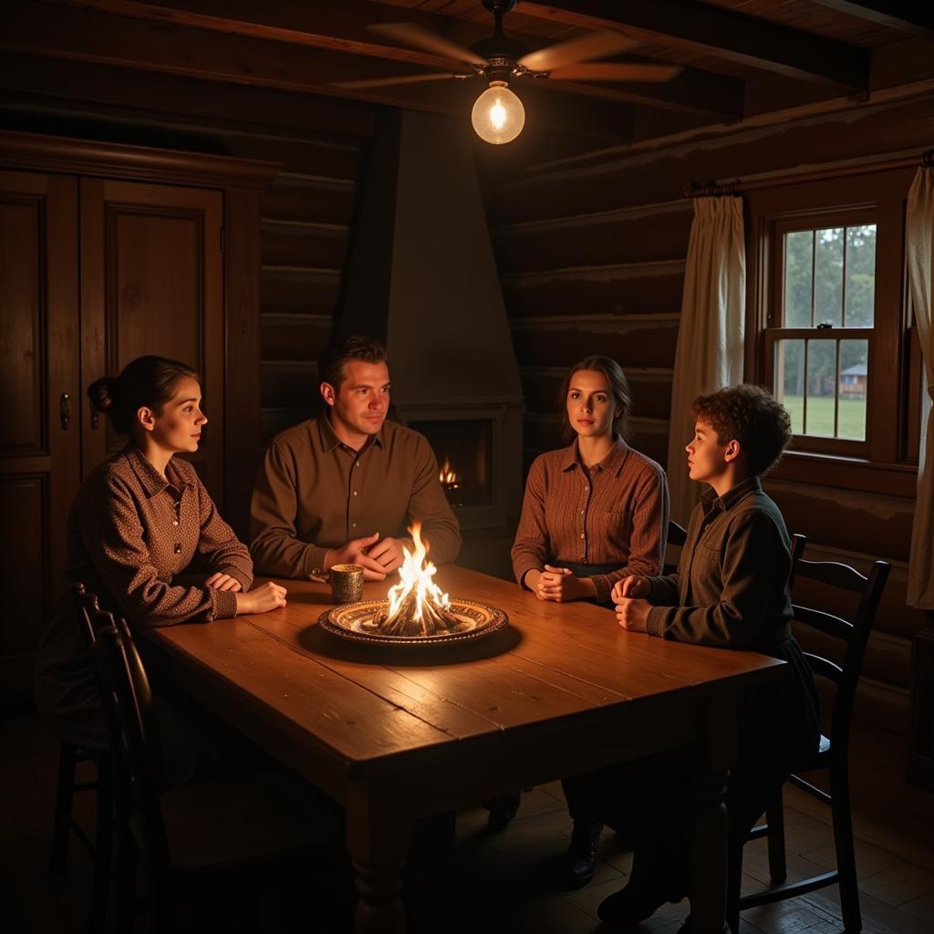 Family gathered around a table in a prairie home