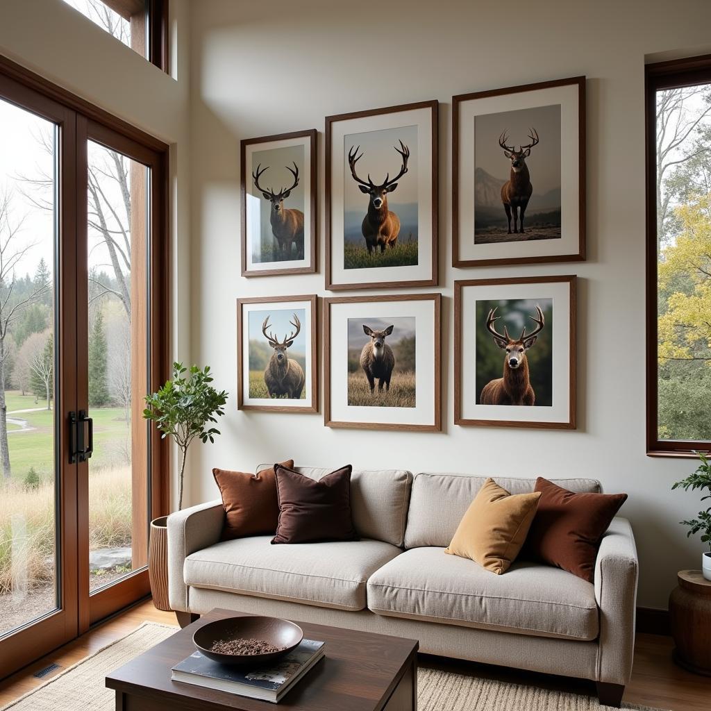 Lodge wall art featuring wildlife photography in a cozy living room.