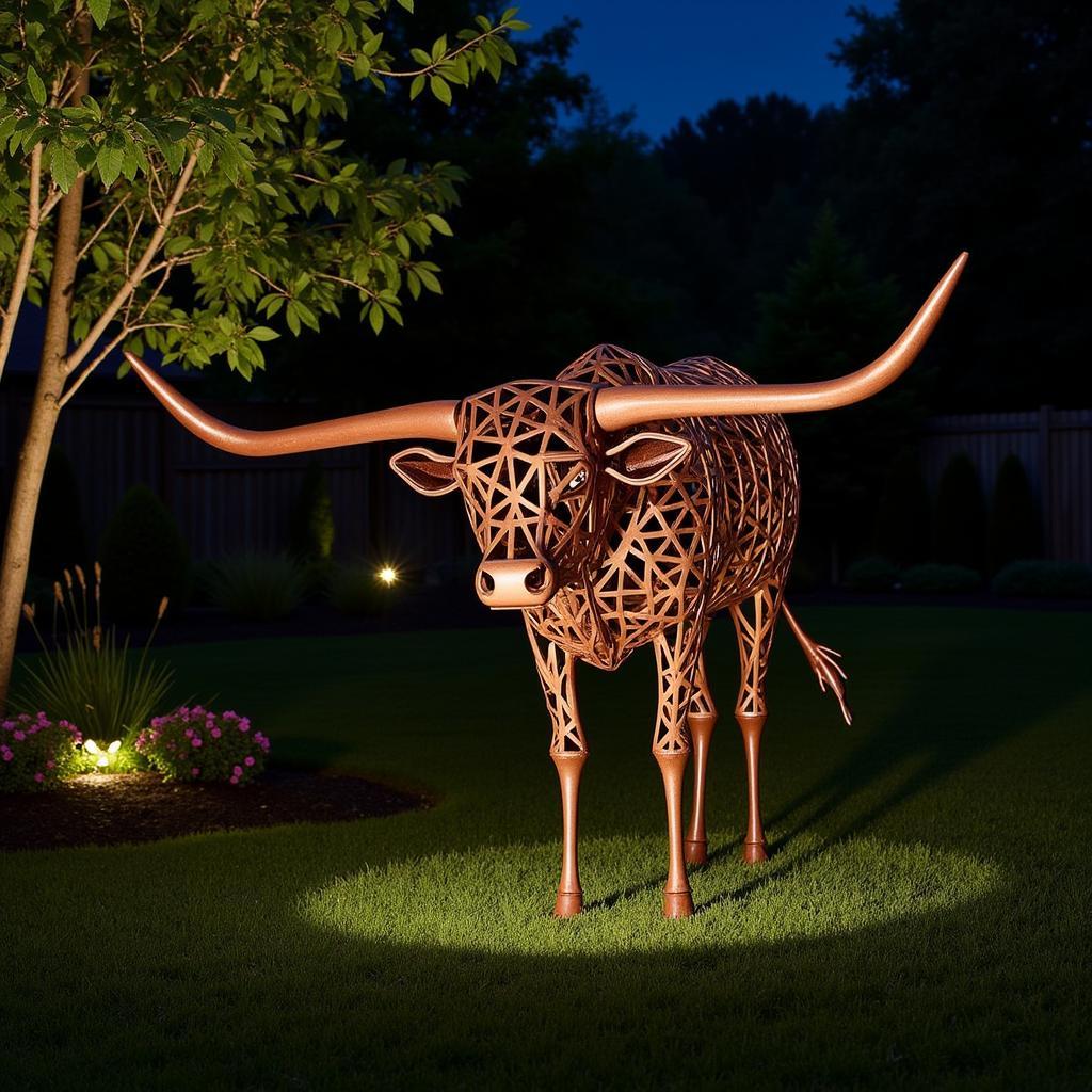 A longhorn metal art piece illuminated with landscape lighting in the evening.