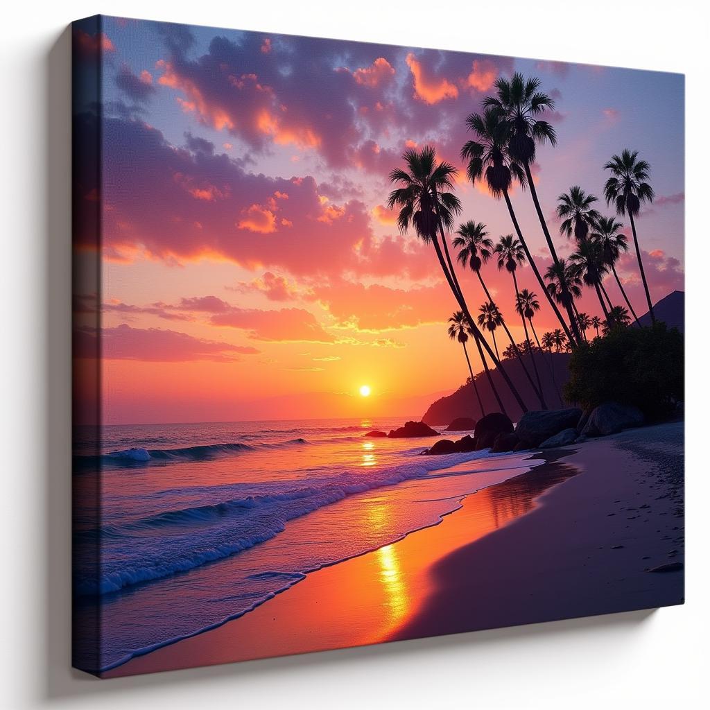 Los Angeles canvas prints showcasing a breathtaking sunset over the Pacific Ocean, with palm trees silhouetted against the vibrant sky.