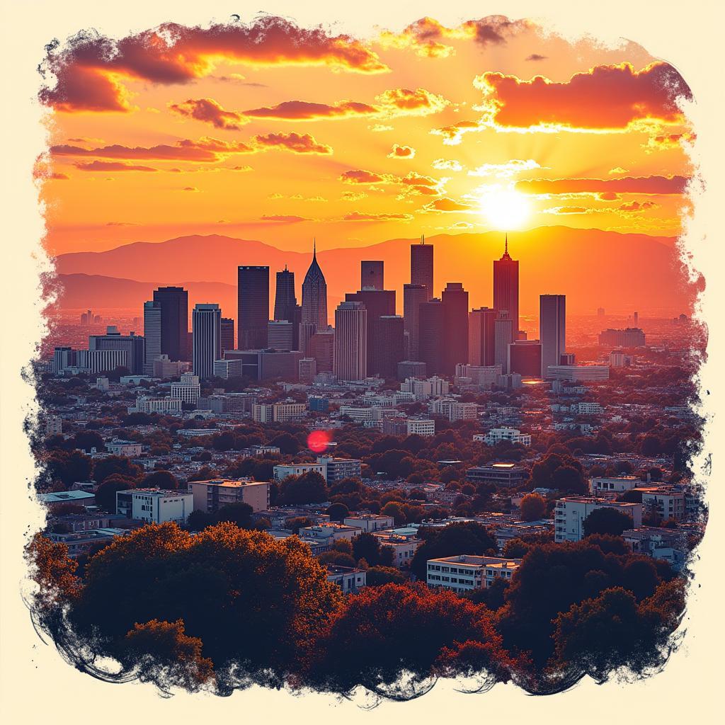 Los Angeles Skyline Art Print: A vibrant depiction of the city's iconic skyline at sunset, showcasing the urban landscape and the colorful California sky.