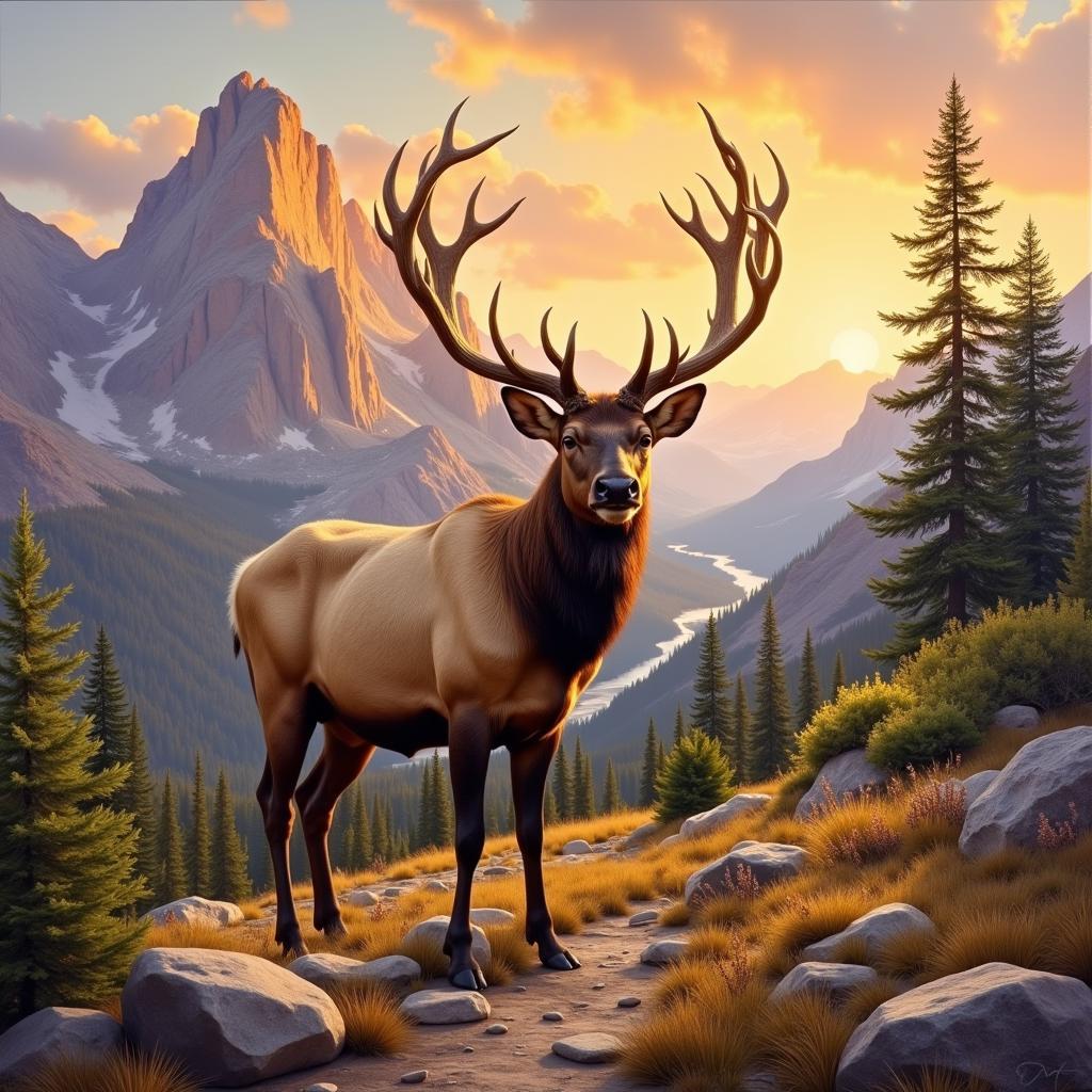 Majestic Elk Painting in a Rocky Mountain Landscape