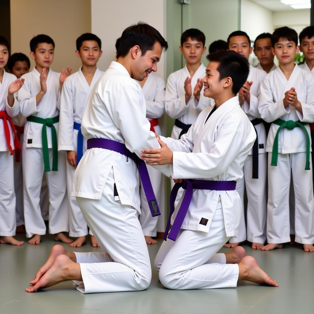 A student receiving their purple belt in martial arts