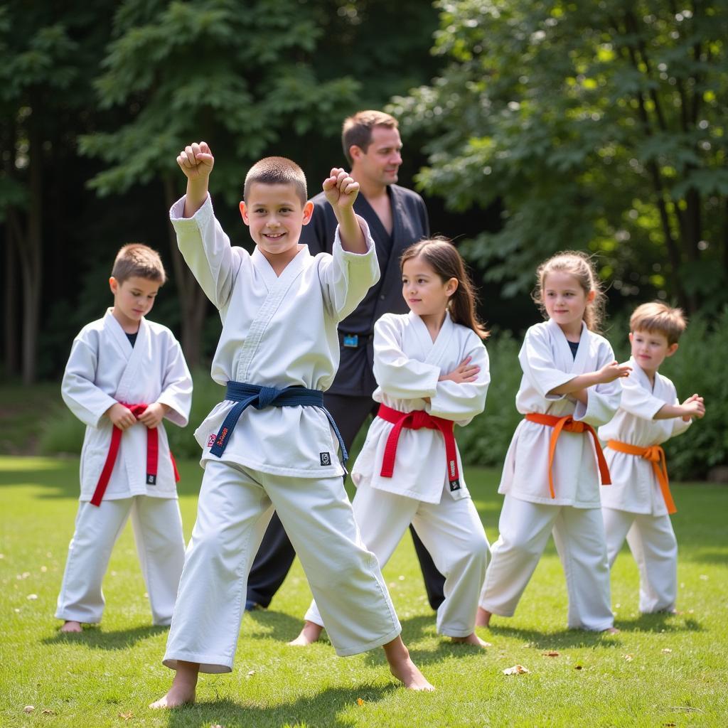 Kids training martial arts at summer camp