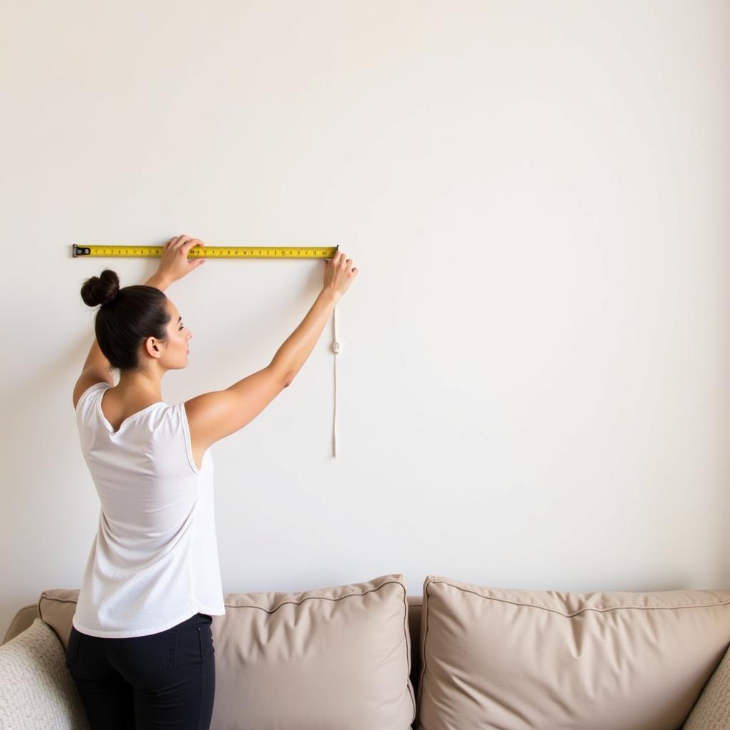 A person measuring the wall space above a couch to determine the ideal artwork size.