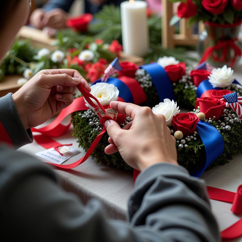 Adult creating a memorial wreath with patriotic ribbons and dried flowers