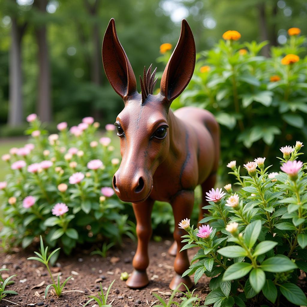 Metal Donkey Sculpture in a Garden Setting