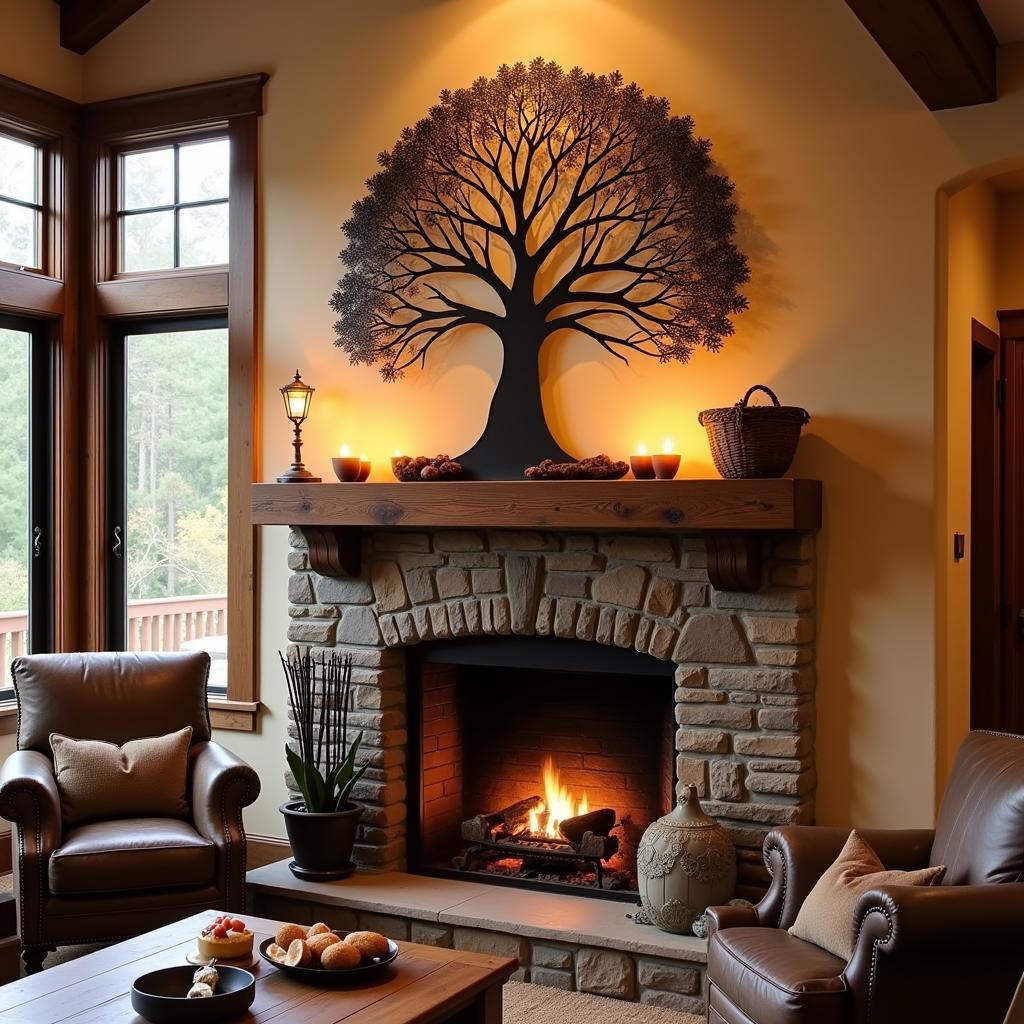 Metal Family Tree Above a Fireplace