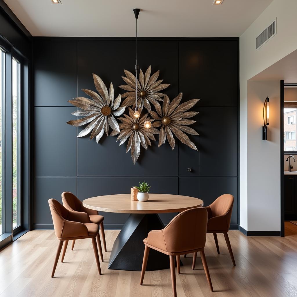 Metal floral sculpture in a dining room