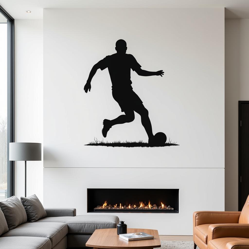 A living room featuring metal football wall art above a fireplace.  The room is decorated in a modern style with neutral colors.