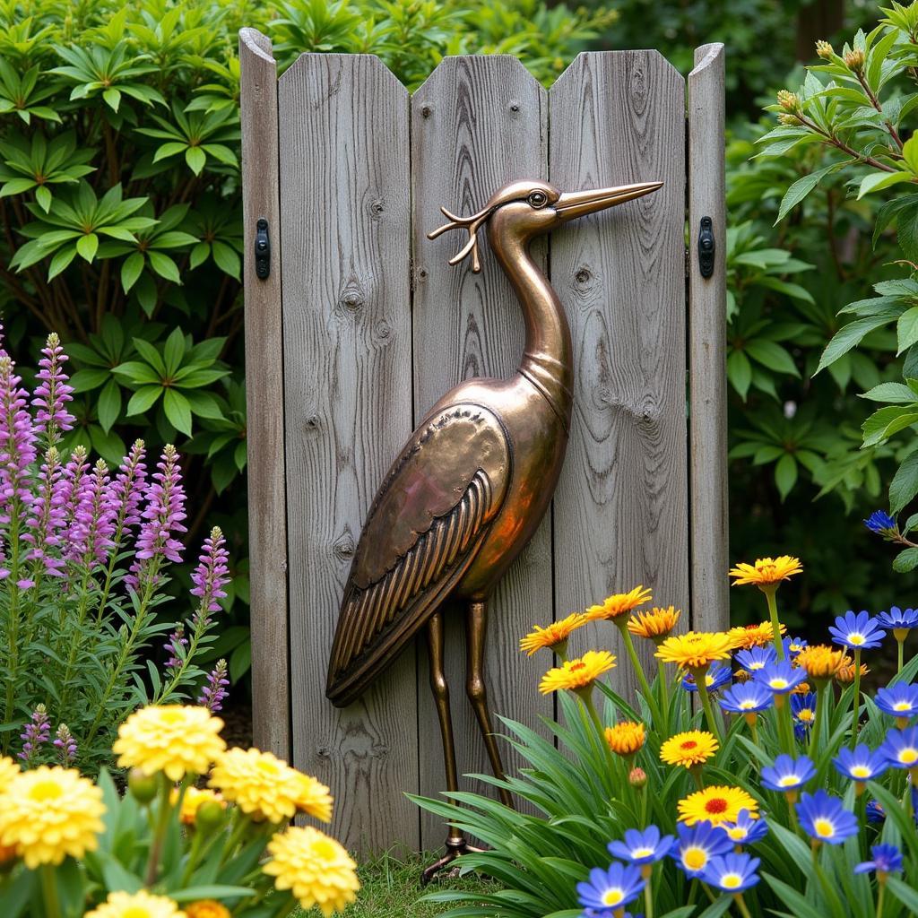 Metal Heron Wall Art in an Outdoor Garden