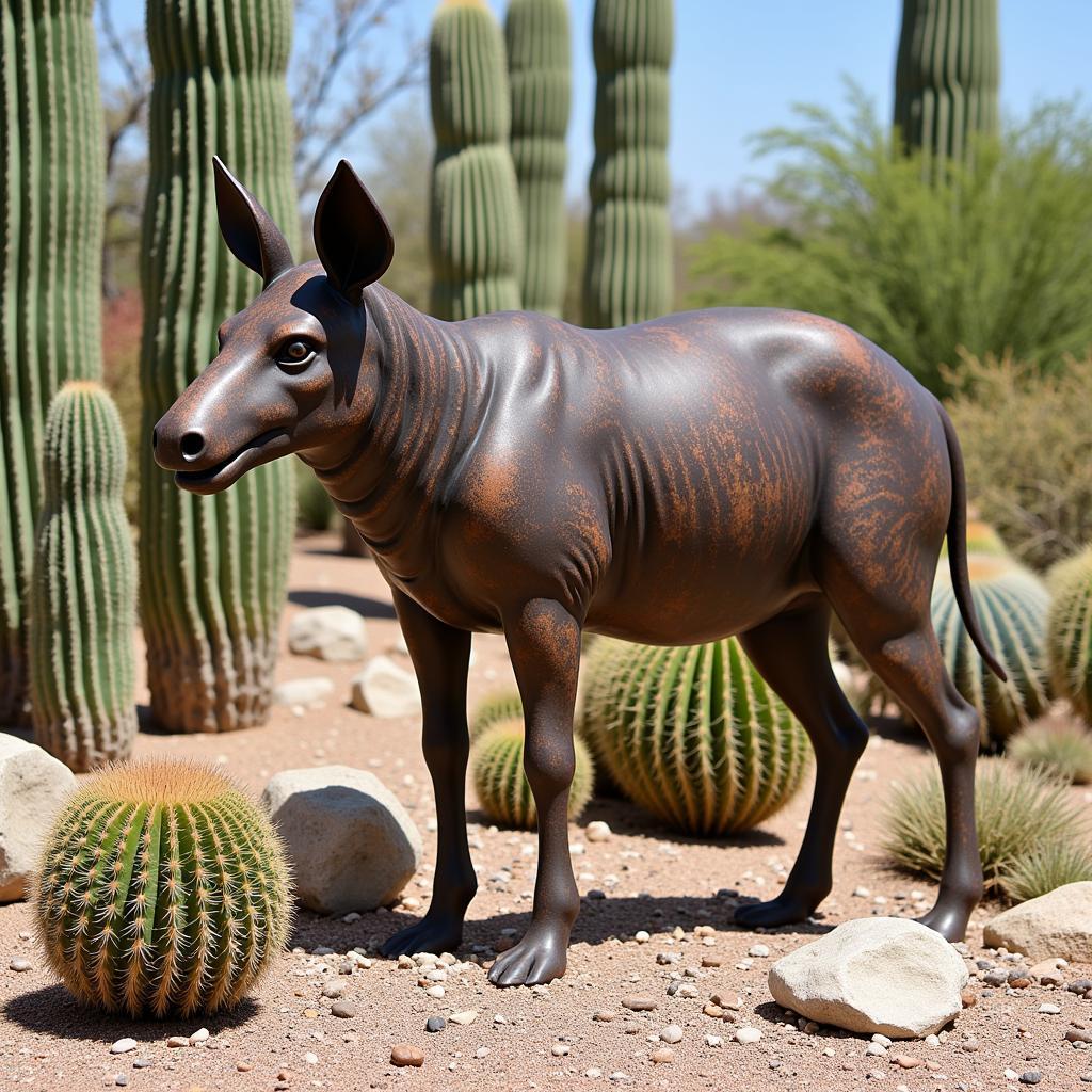 Metal javelina yard art blends seamlessly into a desert landscape.