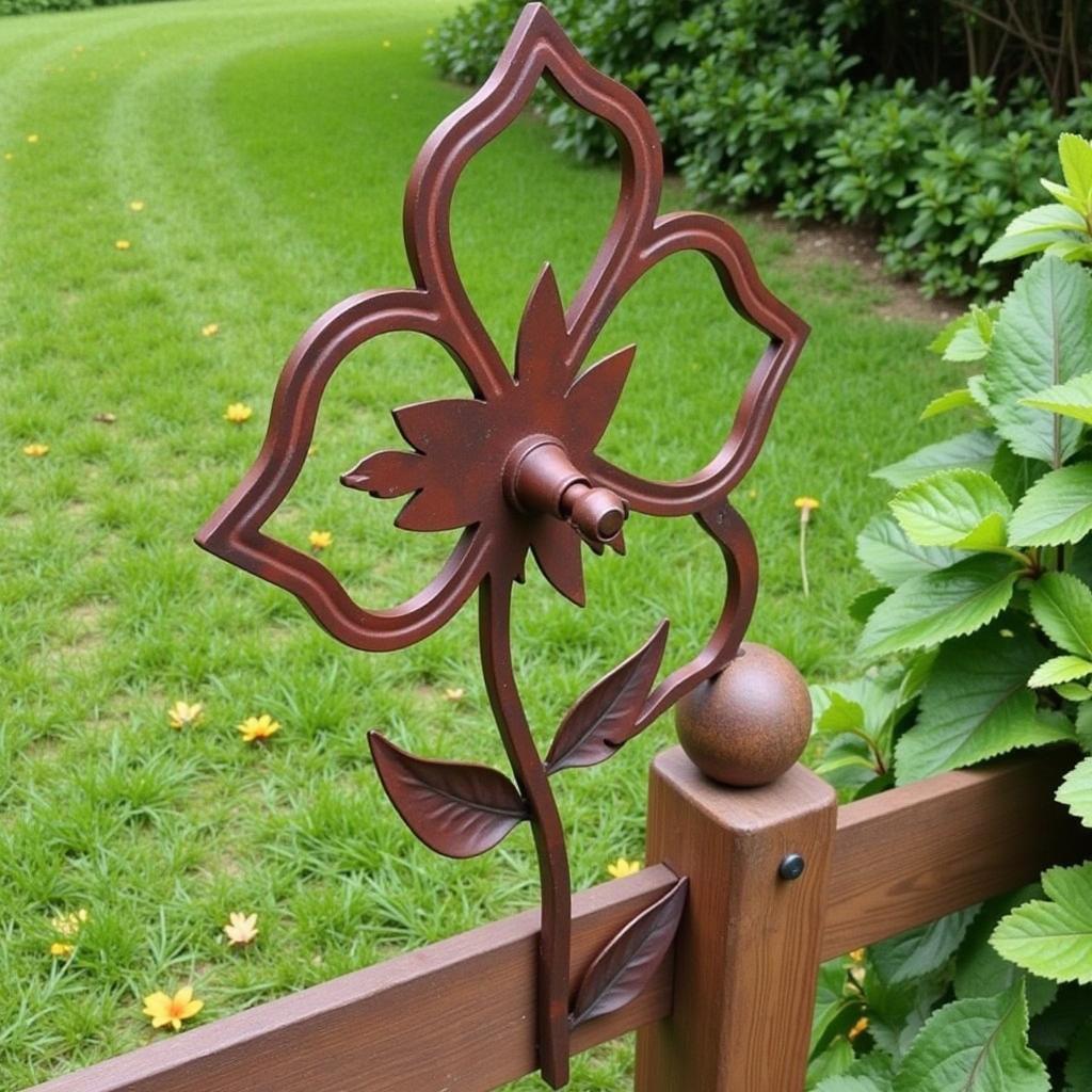 Metal Outdoor Art Wall Garden Decor: A stunning metal art piece depicting a blossoming flower, mounted on a weathered wooden fence in a lush garden setting.