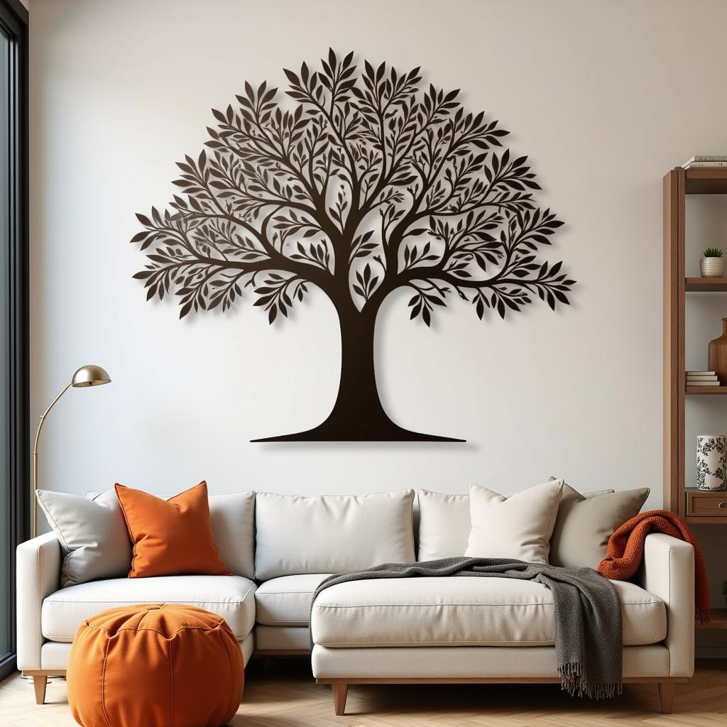 Metal tree wall art adorning an indoor space.