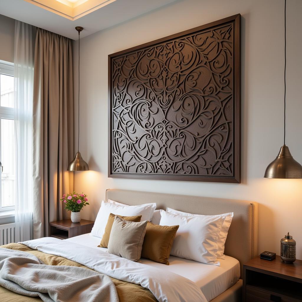 Metal wall art in a modern bedroom