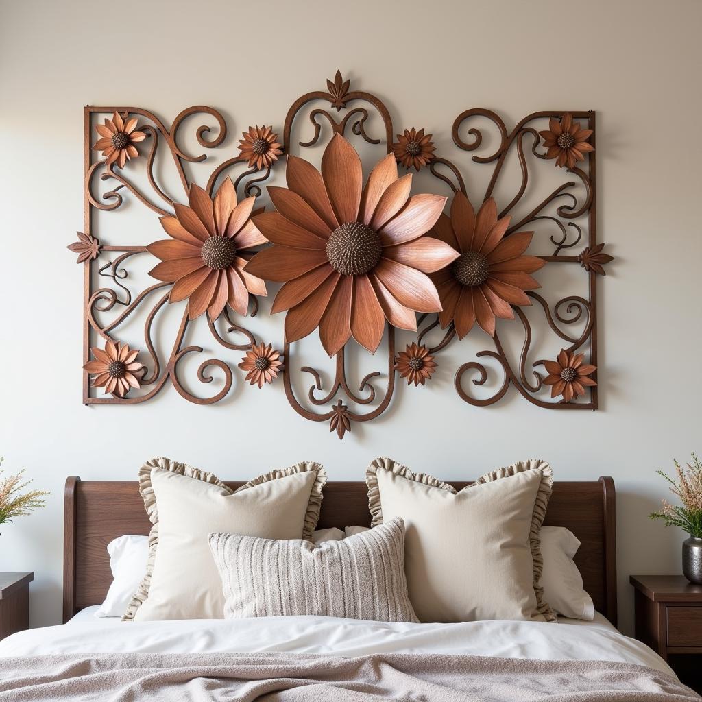 Metal Wall Art Above Bed in Bedroom