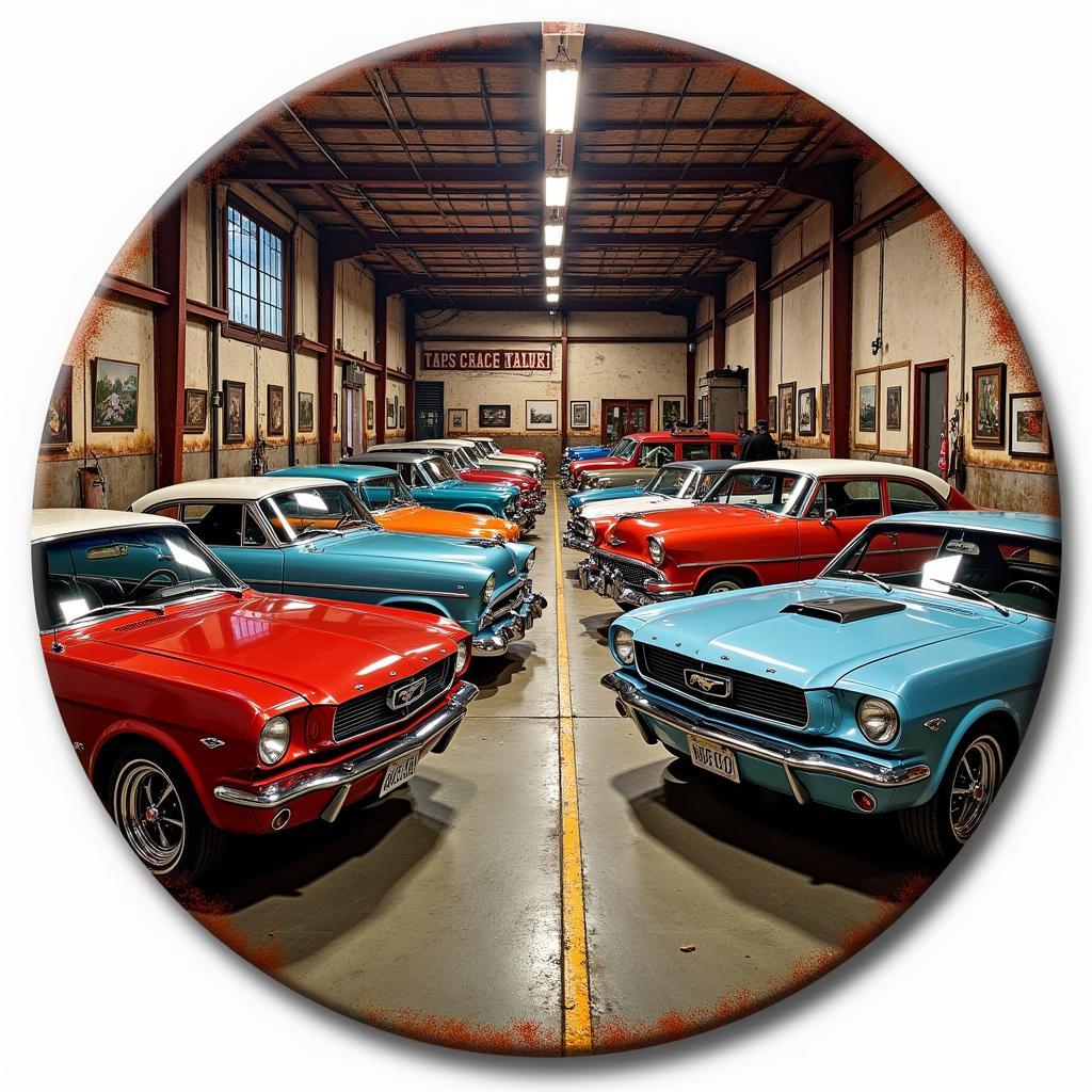 Metal wall art depicting classic cars in a garage setting