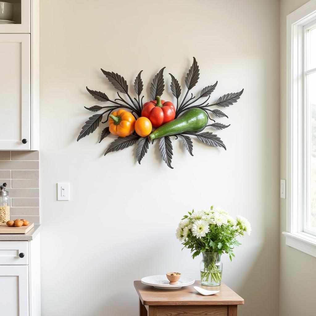 Metal wall art brings a touch of modern farmhouse charm to a kitchen.