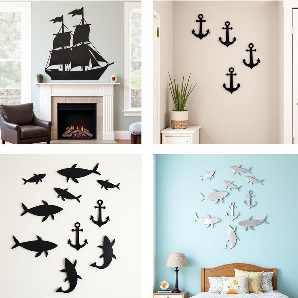 Metal wall art with nautical themes displayed in various rooms of a house.