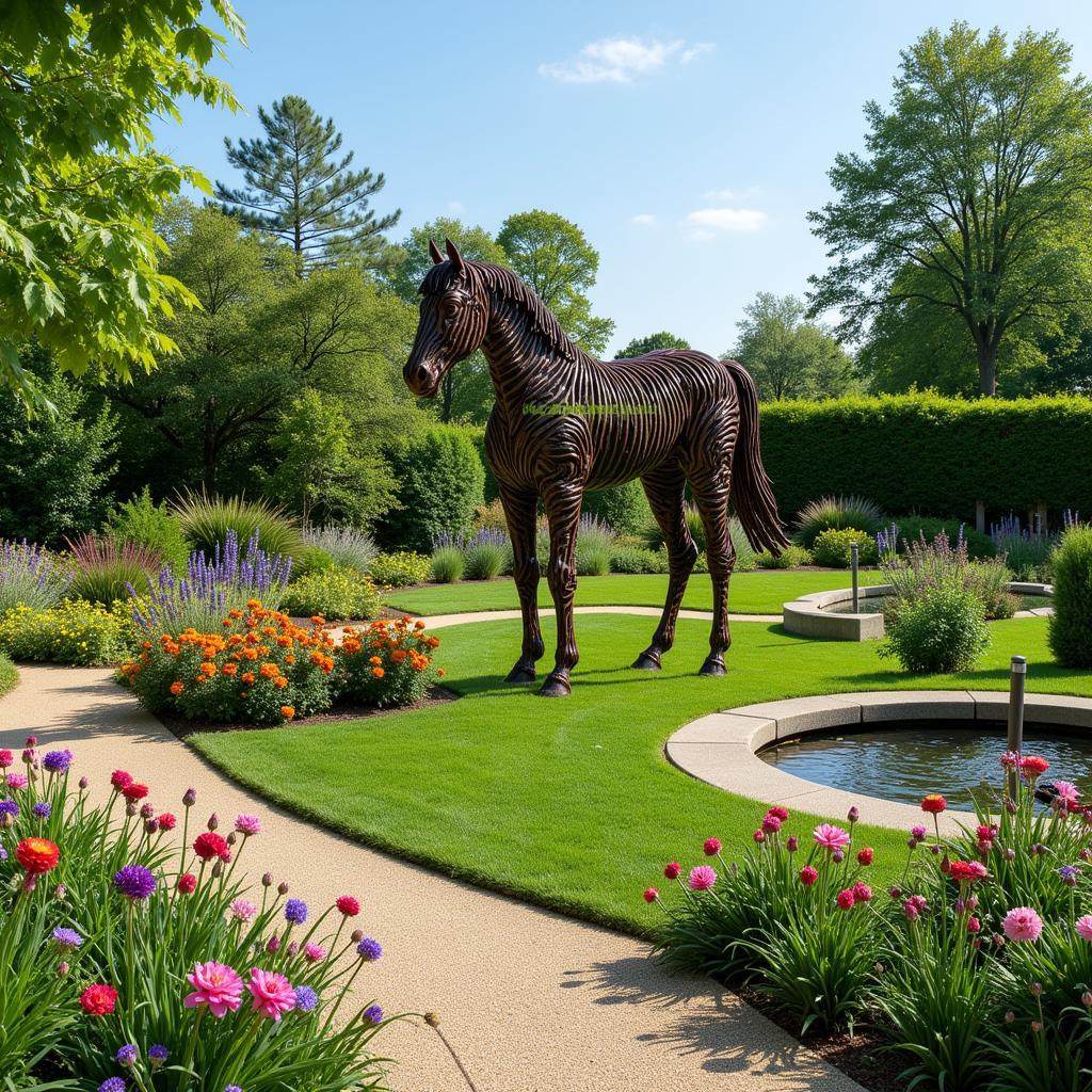 A metal yard art horse integrated seamlessly into a landscape design