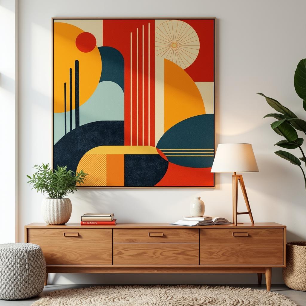 Mid-century modern wall art featuring abstract geometric patterns in vibrant colors.