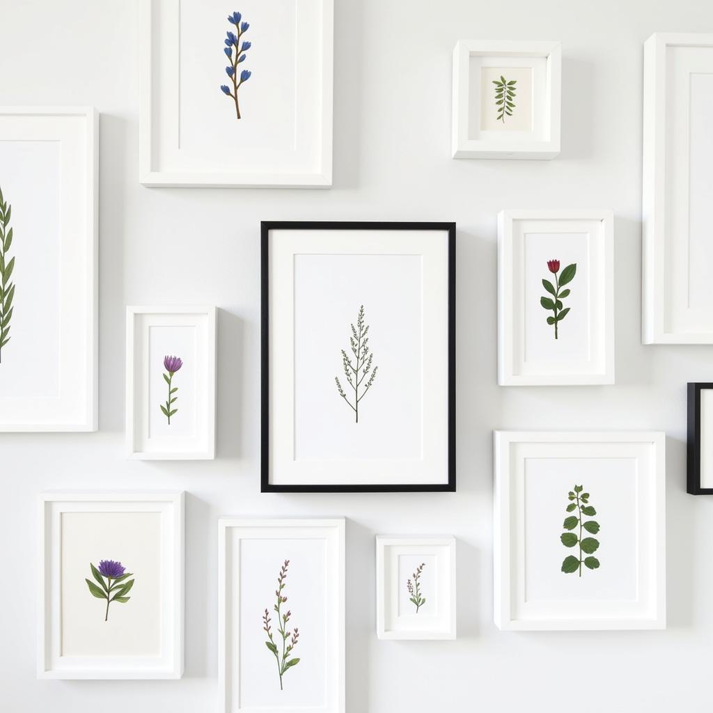 Miniature botanical prints in thin black frames arranged on a white wall