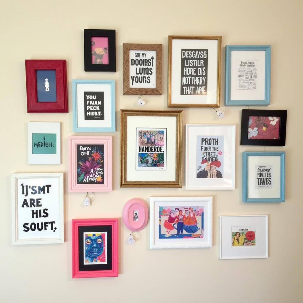 A diverse collection of mini framed art pieces arranged on a gallery wall