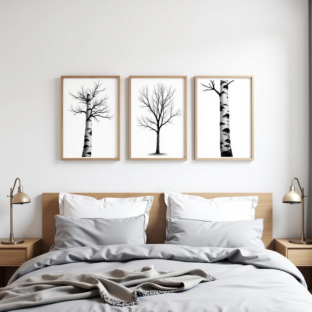 Minimalist Birch Tree Wall Art in a Bedroom