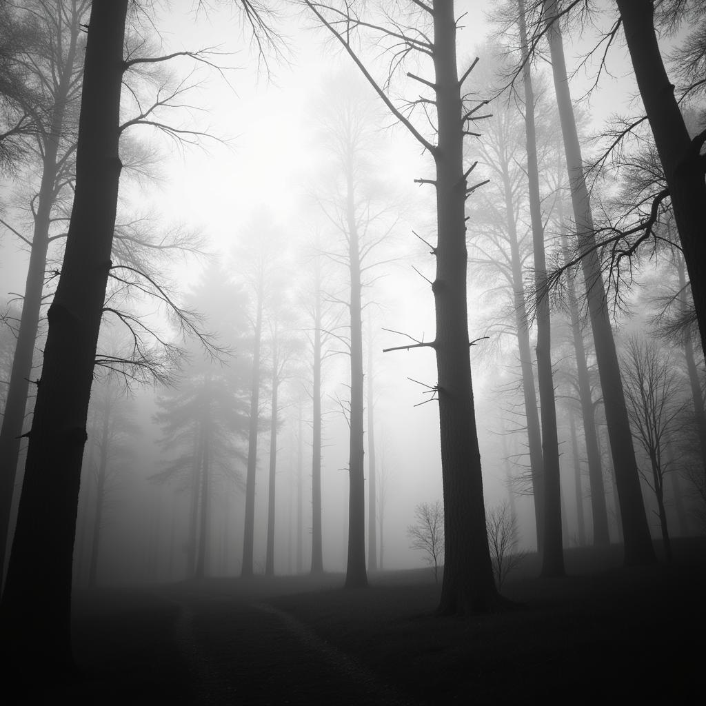 Minimalist black and white photography of a foggy forest, showcasing the stark contrast between light and shadow, creating a dramatic and atmospheric piece of wall art.