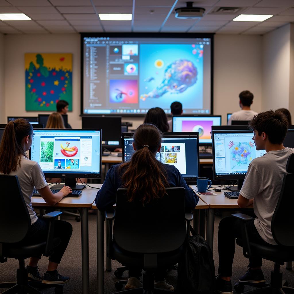 Students working on digital art projects in a Minneapolis art camp