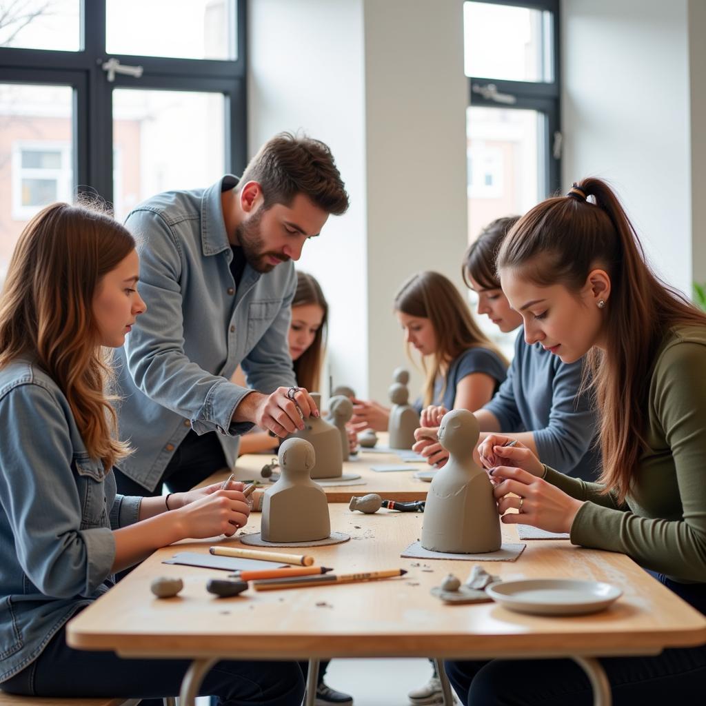 Students learning sculpture in an art camp in Minneapolis