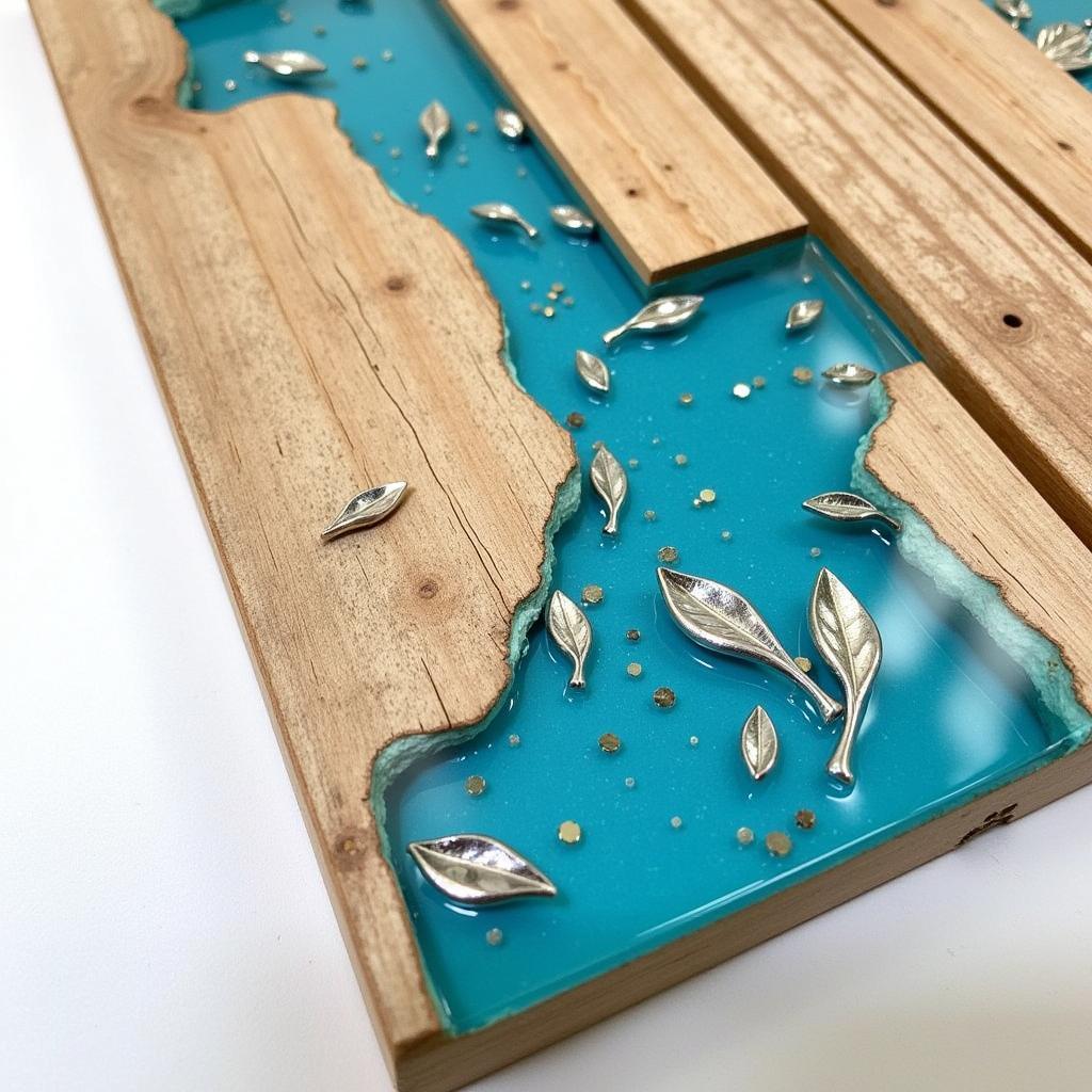 Mixed media wood plank art with resin and metal accents